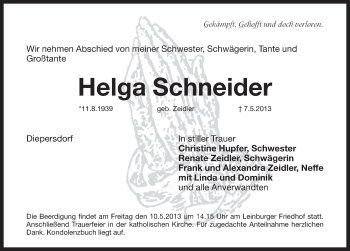 Traueranzeige von Helga Schneider von Pegnitz-Zeitung